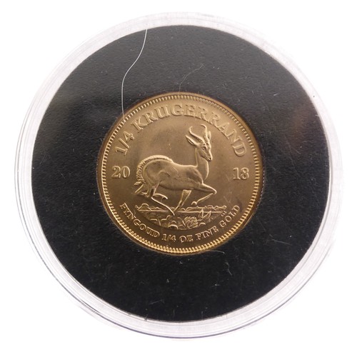 618 - A South African gold Quarter (1/4) Krugerrand, dated 2018, in perspex case.Provenance; The Jeffery W... 