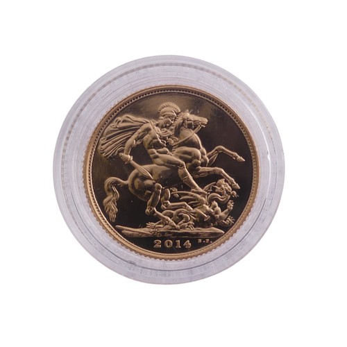 620 - An Elizabeth II gold Sovereign, dated 2014, in perspex case.Provenance; The Jeffery William John Dod... 