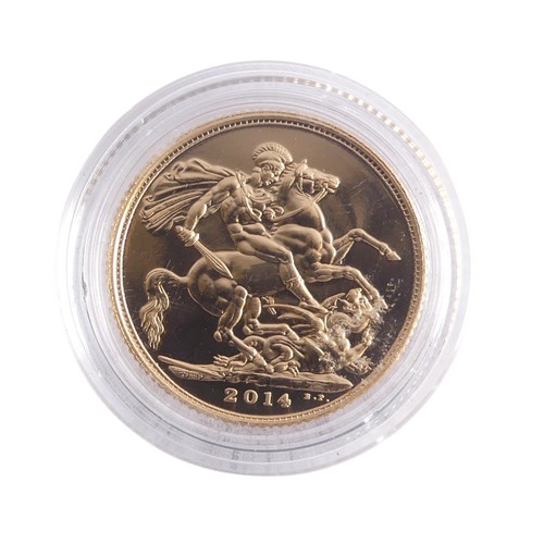 626 - An Elizabeth II gold Sovereign, dated 2014, in perspex case.Provenance; The Jeffery William John Dod... 