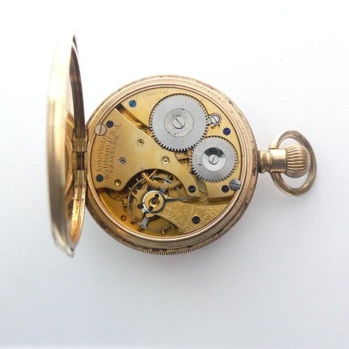 231 - An early 20thC gold plated Pocket Watch, white enamel dial with subsidiary seconds dial, Waltham mov... 