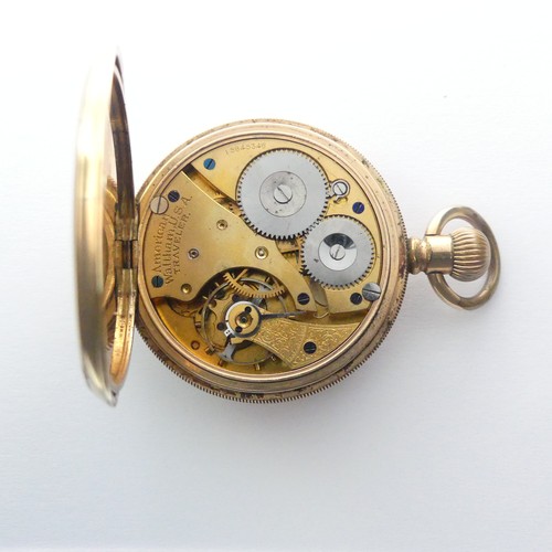 231 - An early 20thC gold plated Pocket Watch, white enamel dial with subsidiary seconds dial, Waltham mov... 