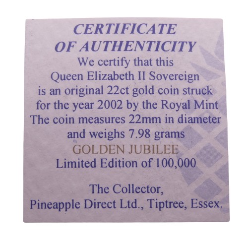 751 - A Queen Elizabeth II gold Sovereign, dated 2002, Golden Jubilee limited edition of 100,000, cased wi... 