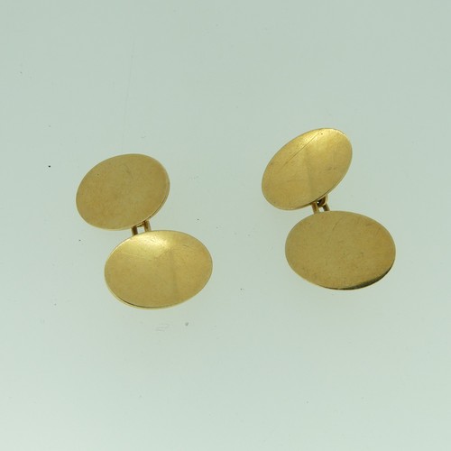 493 - A pair of 18ct yellow gold oval Cufflinks, both sides plain, 15.2g.