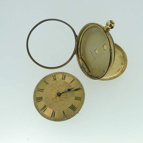 243 - An 18ct gold Fob Watch, the gilt dial with black Roman Numerals, foliate engraved case back, metal c... 