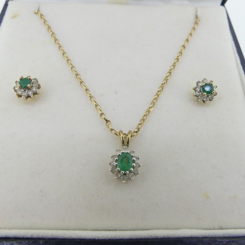 376 - A small emerald and diamond cluster Pendant, on 9ct gold trace chain, together with a pair of corres... 