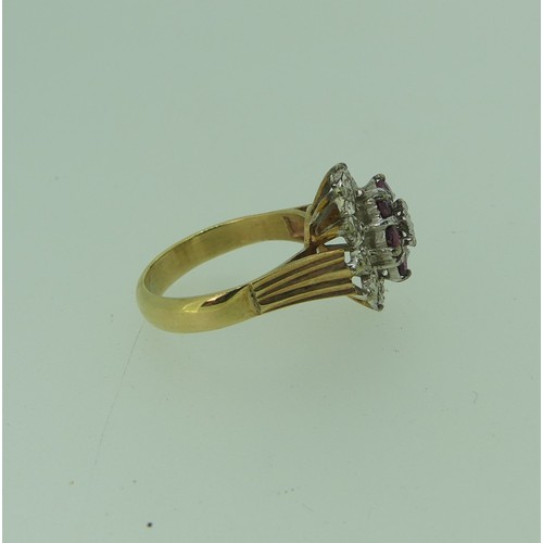 337 - A ruby and diamond cluster Dress Ring, all mounted in unmarked yellow and white gold, tested as 9ct,... 