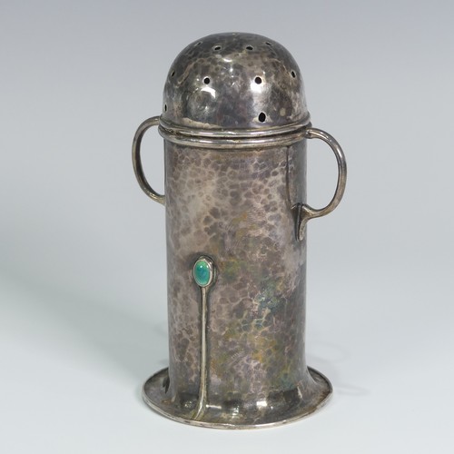 173 - A.E.Jones; An Edwardian silver Sugar Caster, hallmarked Birmingham, 1905, or lighthouse form with re... 