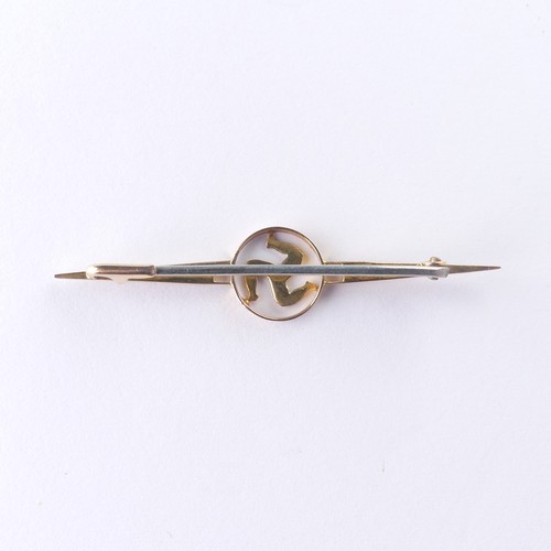 512 - A 15ct gold Bar Brooch, set central seed pearl and with a ruby at either end, metal pin, 3.1g, toget... 