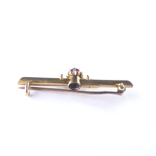 512 - A 15ct gold Bar Brooch, set central seed pearl and with a ruby at either end, metal pin, 3.1g, toget... 