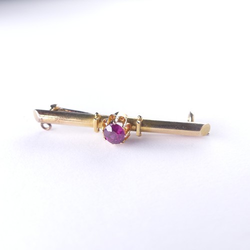 512 - A 15ct gold Bar Brooch, set central seed pearl and with a ruby at either end, metal pin, 3.1g, toget... 