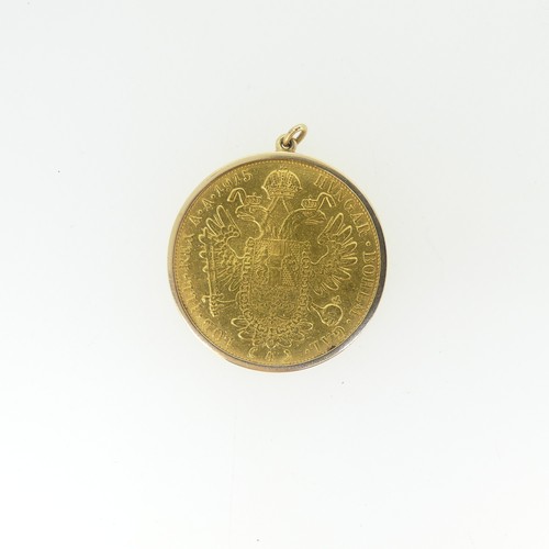 765 - An Austro-Hungarian 1915 restrike 4 Ducat gold Coin, in unmarked pendant mount, assessed as 9ct gold... 