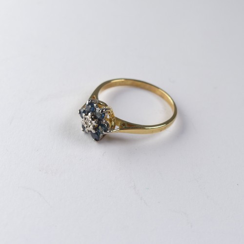 344 - A small sapphire and diamond cluster Ring, all mounted in 18ct yellow gold, Size N½, 2.6g.... 