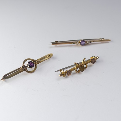 445 - A 9ct yellow gold Bar Brooch, the centre set amethyst and seed pearl, 6cm long, together with a 9ct ... 