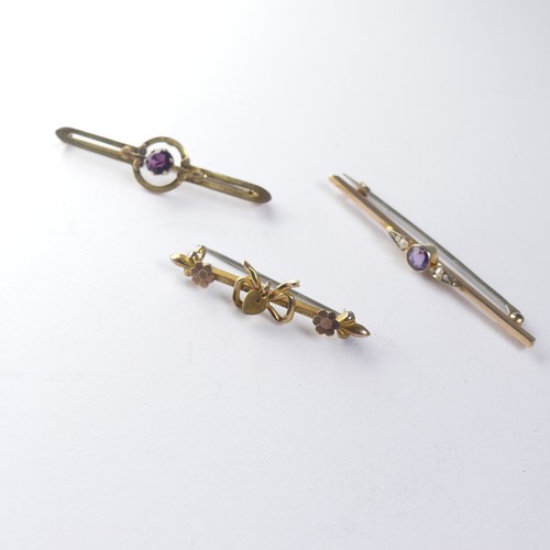 445 - A 9ct yellow gold Bar Brooch, the centre set amethyst and seed pearl, 6cm long, together with a 9ct ... 