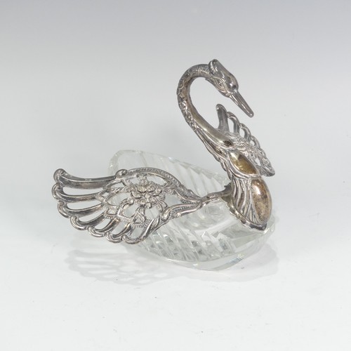 200 - A Continental silver mounted cut glass Open Salt, in the form of a swan with hinged wing covers, Lon... 