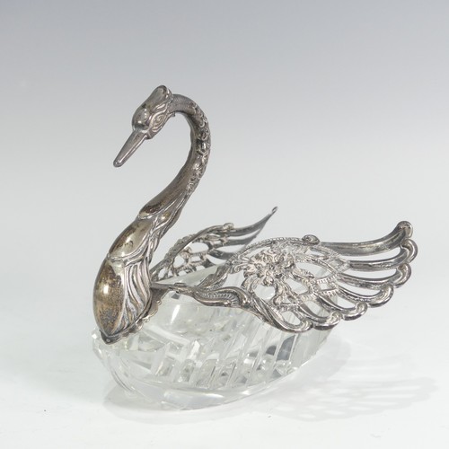 200 - A Continental silver mounted cut glass Open Salt, in the form of a swan with hinged wing covers, Lon... 