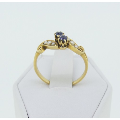 284 - A small early 20thC sapphire and seed pearl Ring, all mounted in 18ct yellow gold, Size P, approx. t... 