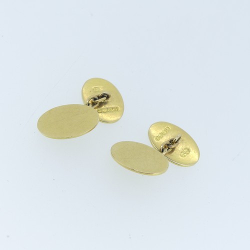 492 - A pair of 18ct yellow gold Cufflinks, of plain oval form with chain between, 13g.