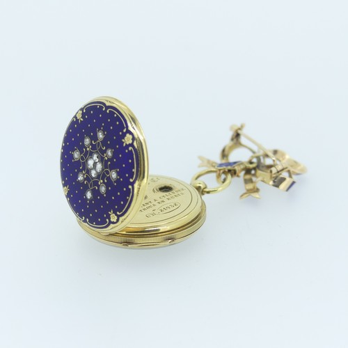 244 - A 19thC Continental 14ct gold, enamel and diamond set Fob Watch, by Rossel & Fils, Geneve, signe... 