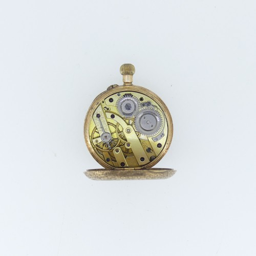 212 - A 14ct gold Fob Watch, the gilt dial with foliate decoration and Roman Numerals, gilt metal cuvette,... 