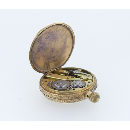 212 - A 14ct gold Fob Watch, the gilt dial with foliate decoration and Roman Numerals, gilt metal cuvette,... 