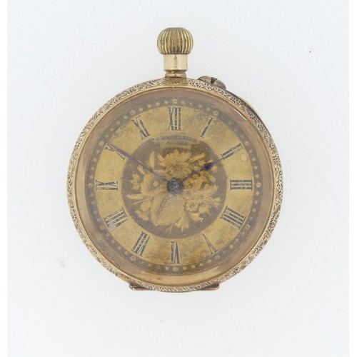 212 - A 14ct gold Fob Watch, the gilt dial with foliate decoration and Roman Numerals, gilt metal cuvette,... 