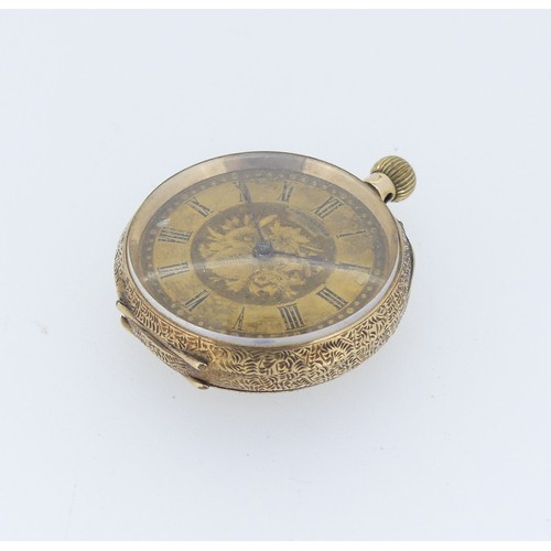 212 - A 14ct gold Fob Watch, the gilt dial with foliate decoration and Roman Numerals, gilt metal cuvette,... 