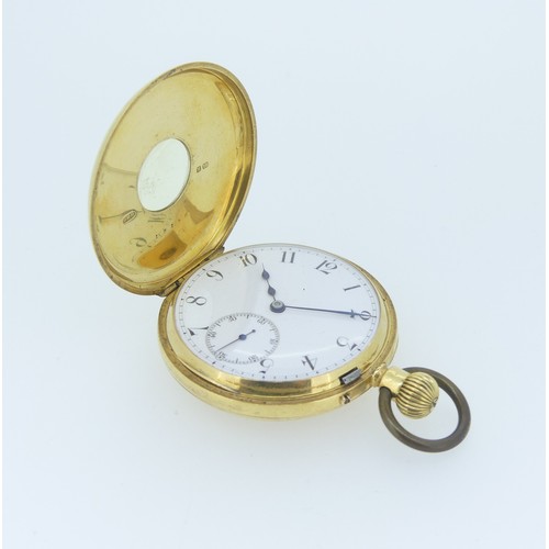 238 - An 18ct gold half hunter Pocket Watch, unsigned white enamel dial with Arabic Numerals and subsidiar... 