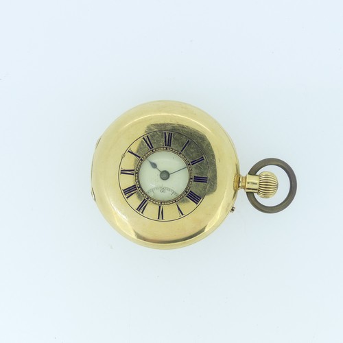 238 - An 18ct gold half hunter Pocket Watch, unsigned white enamel dial with Arabic Numerals and subsidiar... 