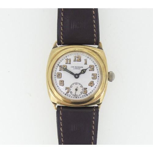 205A - A 1930's Benson 9ct gold gentleman's Wristwatch, with Swiss movement, the cushion-shaped case with c... 