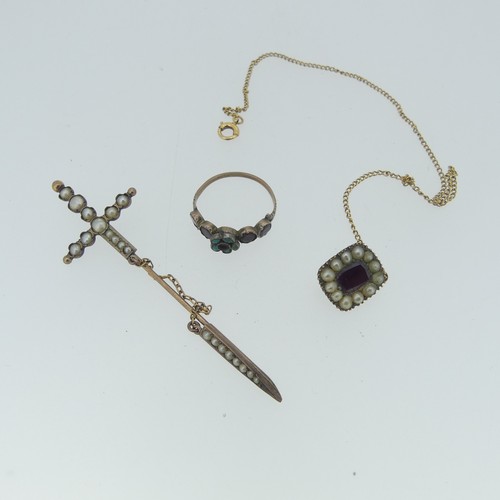 472 - A 19thC Jabot Pin, in the form of a sword set seed pearls, unmarked, tested as gold, 7cm long, toget... 