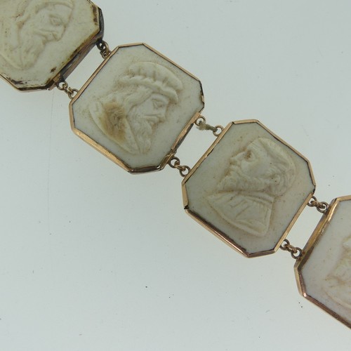 397 - A 19thC lava cameo Bracelet, formed of 8 plaques with male busts, mounted in 9ct rose gold, marked o... 