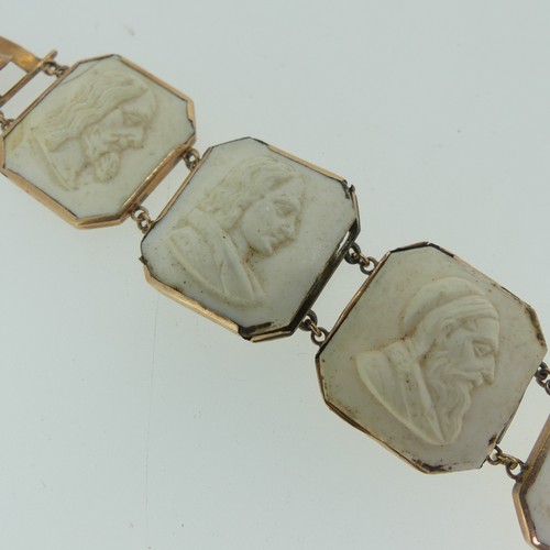 397 - A 19thC lava cameo Bracelet, formed of 8 plaques with male busts, mounted in 9ct rose gold, marked o... 