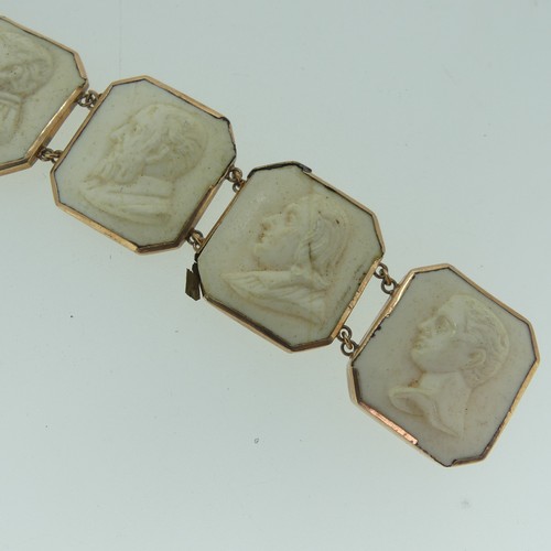 397 - A 19thC lava cameo Bracelet, formed of 8 plaques with male busts, mounted in 9ct rose gold, marked o... 