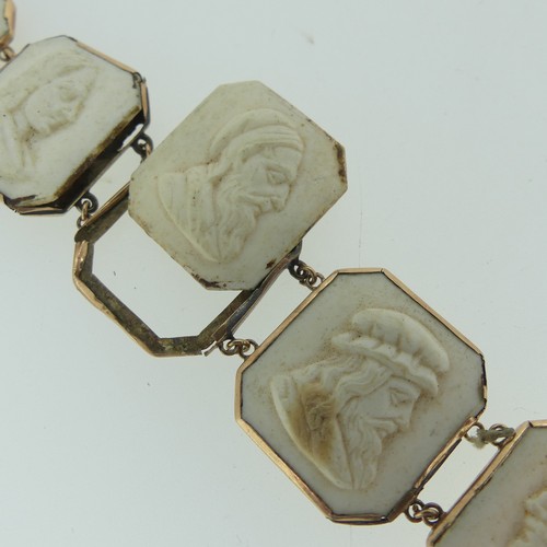 397 - A 19thC lava cameo Bracelet, formed of 8 plaques with male busts, mounted in 9ct rose gold, marked o... 