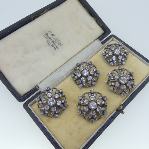 505 - A set of five antique white paste Brooches, probably formed form a large piece, in closed back white... 