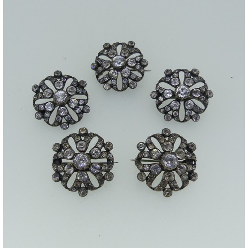 505 - A set of five antique white paste Brooches, probably formed form a large piece, in closed back white... 