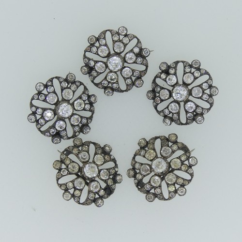 505 - A set of five antique white paste Brooches, probably formed form a large piece, in closed back white... 