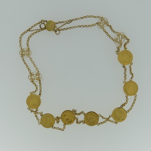 475 - A Ferdin (Fernando) VII Mexican gold Coin Necklace, comprising seven Half Escudo coins, dated 1817, ... 