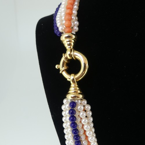 385 - A multi-strand cultured pearl, lapis lazuli and coral Necklace, formed of six rows of cultured pearl... 