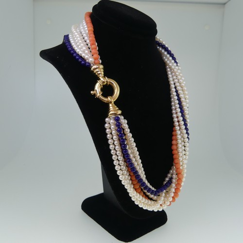 385 - A multi-strand cultured pearl, lapis lazuli and coral Necklace, formed of six rows of cultured pearl... 