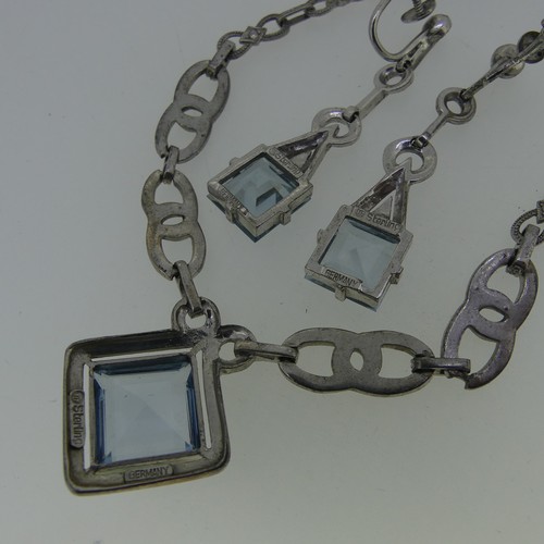 457 - A vintage German silver, blue paste and marcasite Necklace and Earring Suite, the necklace 42cm long... 