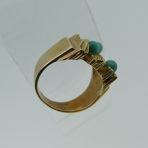 346 - A 14ct yellow gold and turquoise Ring, the open textured 'bark' front set three circular turquoise, ... 