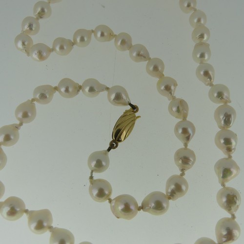 380 - A single row of baroque Cultured Pearls, on 9ct gold snap, 48cm long, together with a string of seed... 