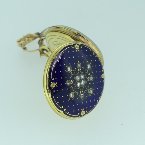 244 - A 19thC Continental 14ct gold, enamel and diamond set Fob Watch, by Rossel & Fils, Geneve, signe... 