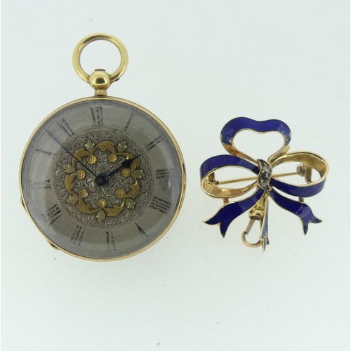 244 - A 19thC Continental 14ct gold, enamel and diamond set Fob Watch, by Rossel & Fils, Geneve, signe... 