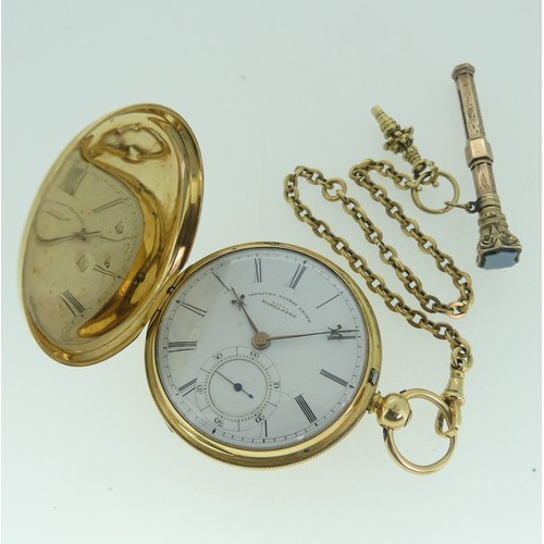 241 - A Victorian 15ct gold hunter Pocket Watch, the white enamel dial with Roman Numerals and subsidiary ... 