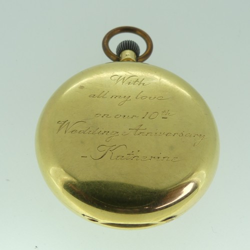 237 - An 18ct gold open face Pocket Watch, unsigned white enamel dial with black Roman Numerals and subsid... 