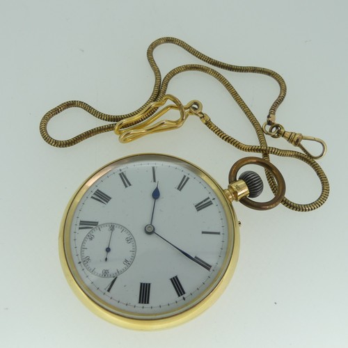 237 - An 18ct gold open face Pocket Watch, unsigned white enamel dial with black Roman Numerals and subsid... 