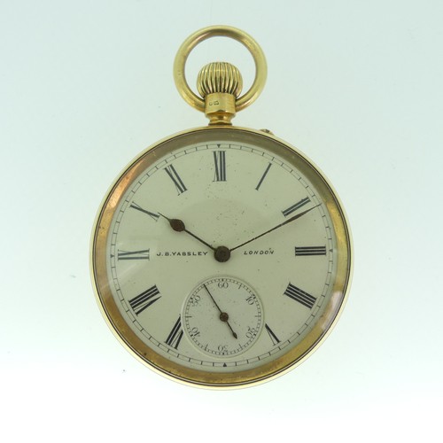 207 - An 18ct gold Pocket Watch, the white enamel dial signed J. B. Yabsley, London, with Roman Numerals a... 